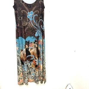 Fantazia Novelty Maxi Dress Printed Horses Floral Large Brown Stretch Made USA